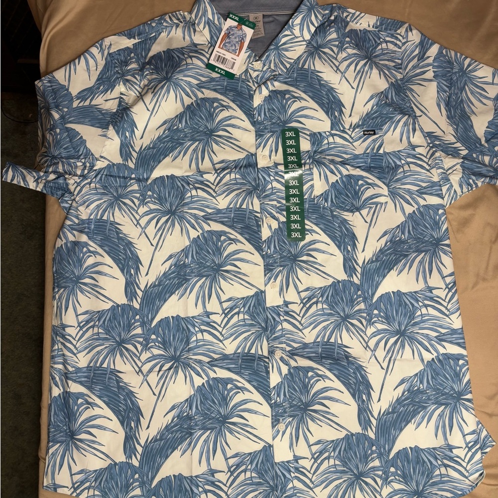 Hurley White and Blue Palm Print Men's Shirt